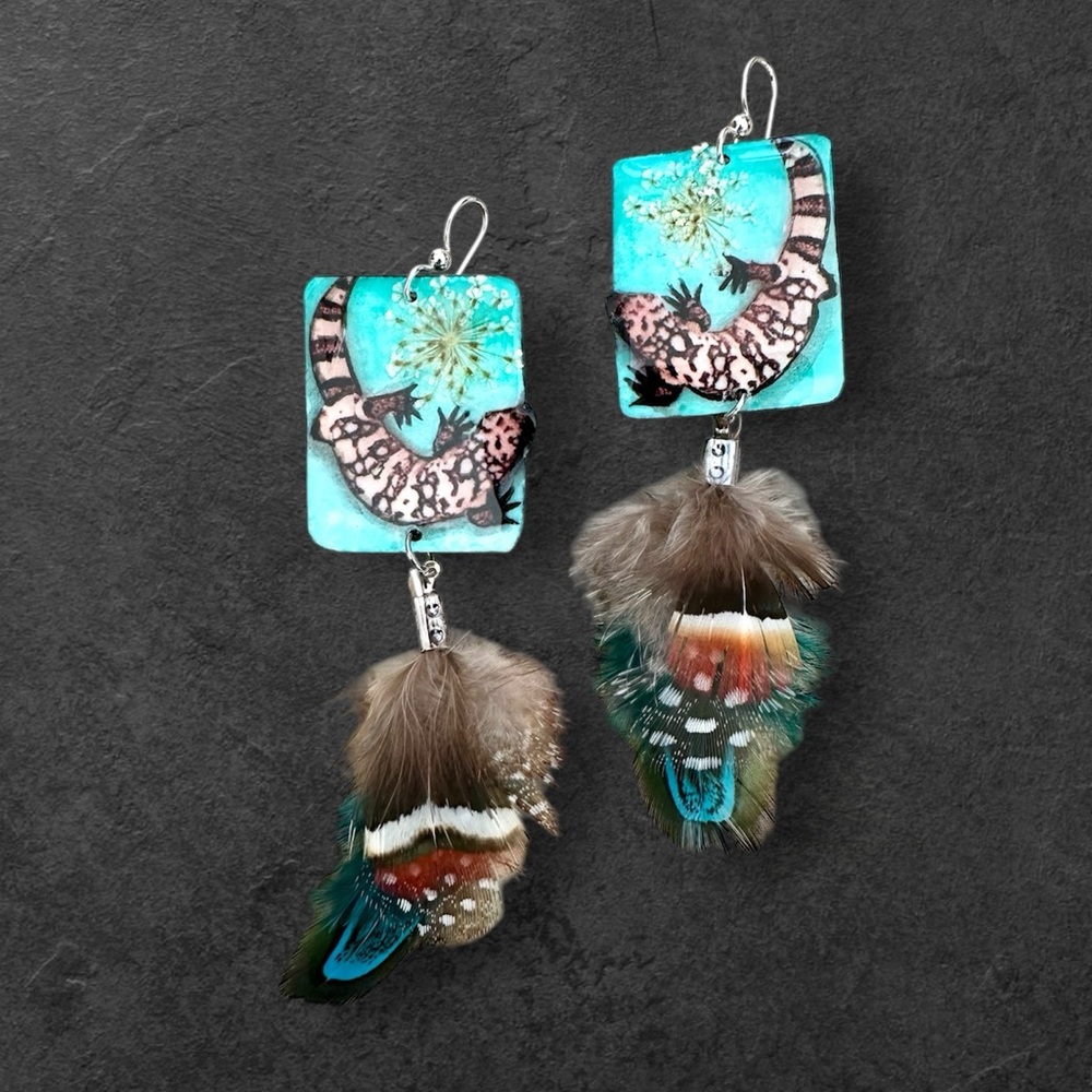 Handpainted Gila monster earrings hanging feathers sterling wires reptiles snake